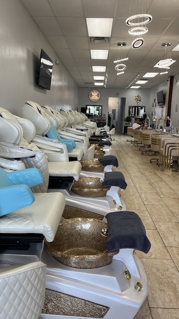 Neat manicure stations with polish bottles lined up.